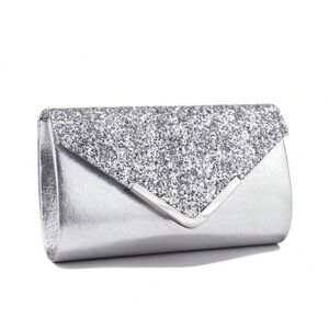 Silver Clutch Bag V Design Metal Chain Glitter Sequined Evening Bag